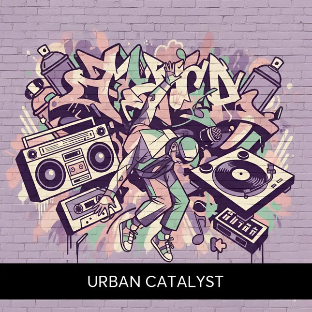 Vibrant hip-hop graffiti mural of a dj with boomboxes and turntables on purple brick gymnastics floor wall music design