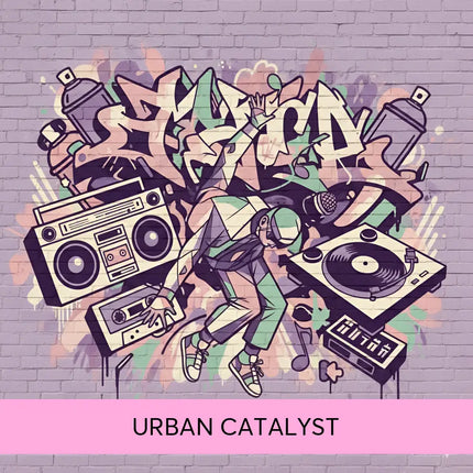 Vibrant hip-hop graffiti mural of a dj with boomboxes and turntables on purple brick gymnastics floor wall music design