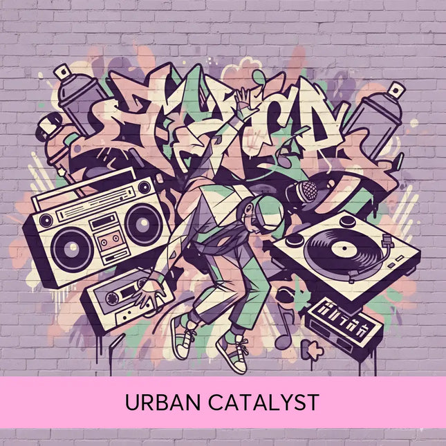 Vibrant hip-hop graffiti mural of a dj with boomboxes and turntables on purple brick gymnastics floor wall music design