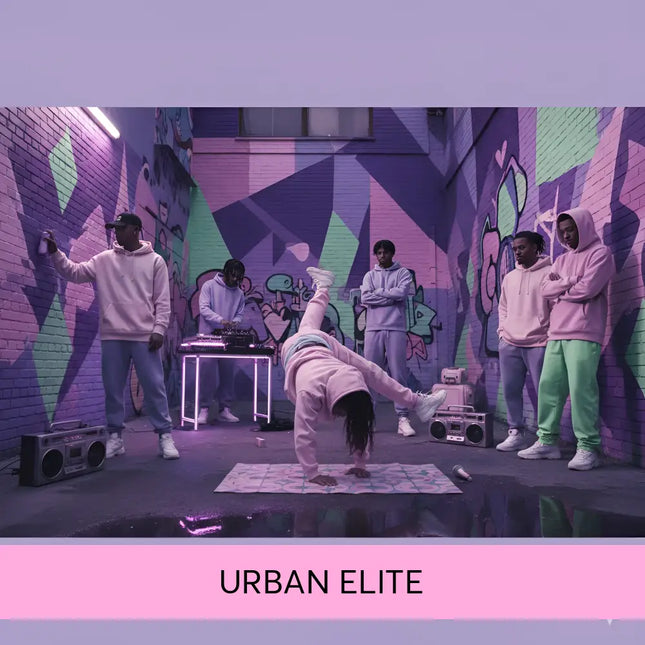 A person in a pink hoodie and pants does a handstand on a patterned mat for urban elite hip-hop gymnastics floor music