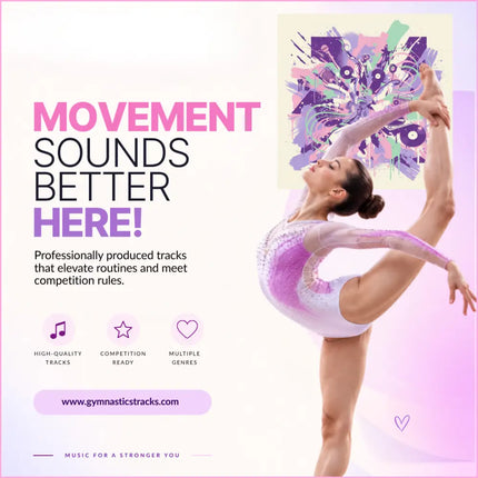 A gymnast in a white and pink leotard performs a split to hip-hop gymnastics floor music urban impact