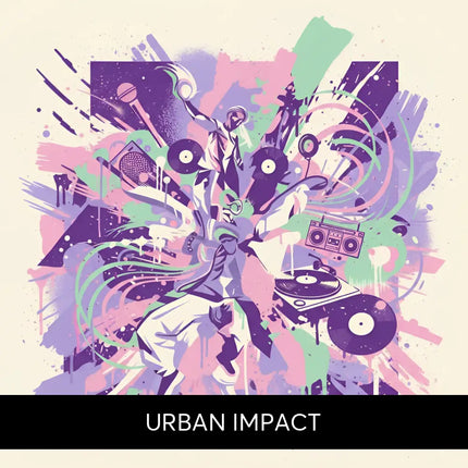 Vibrant purple and pink hip-hop music graffiti on urban impact gymnastics floor with dj, turntables, speakers, and vinyl records
