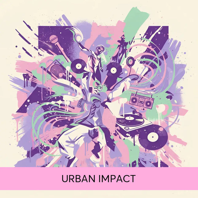 Vibrant purple and pink hip-hop music graffiti on urban impact gymnastics floor with dj, turntables, speakers, and vinyl records