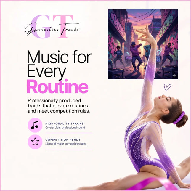 A purple and silver glittery gymnastics leotard with high-cut sides perfect for hip hop gymnastics floor music routines
