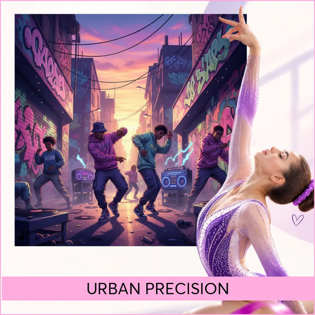 A gymnast wearing a shimmering purple and white leotard with sparkling embellishments performing hip-hop gymnastics floor music routine
