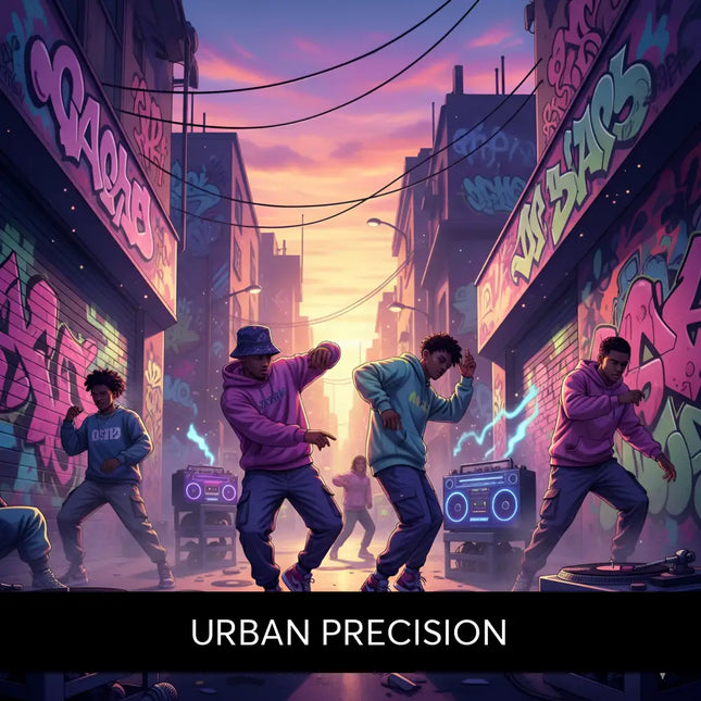 Vibrant graffiti-covered hip-hop gymnastics floor with neon-lit boomboxes and turntables for music lovers