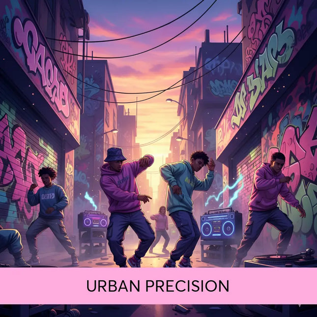 Vibrant graffiti-covered hip-hop gymnastics floor with neon-lit boomboxes and turntables for music lovers