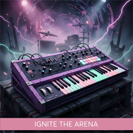 Purple modular synth with RGB keys on gymnastics floor music pallet