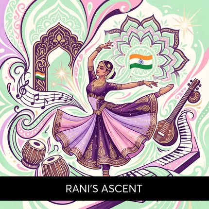 A woman in a flowing purple and gold traditional costume poses gracefully for rani’s ascent bollywood gymnastics floor music