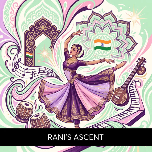 A woman in a flowing purple and gold traditional costume poses gracefully for rani’s ascent bollywood gymnastics floor music
