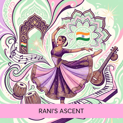 A woman in a flowing purple and gold traditional costume poses gracefully for rani’s ascent bollywood gymnastics floor music