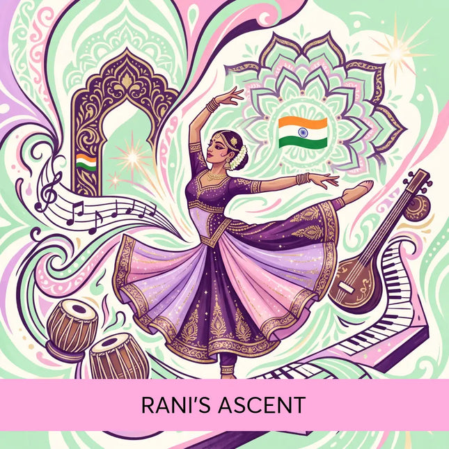 A woman in a flowing purple and gold traditional costume poses gracefully for rani’s ascent bollywood gymnastics floor music