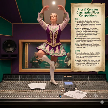 A woman in a purple and green celtic leotard with white boots poses on a sound console for irish magic gymnastics floor music