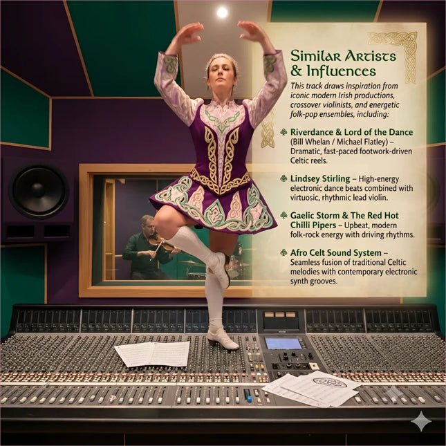 A woman wearing an irish magic celtic dance costume in purple and gold paired with white boots for gymnastics floor music