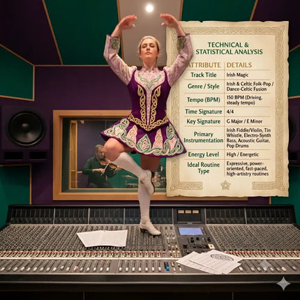A woman in a purple green embroidered irish folk dance costume stands poised on an audio console for irish magic gymnastics floor music celtic