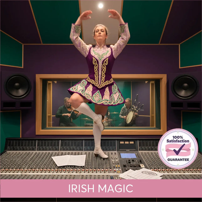 A woman in a vibrant purple and green celtic dance costume stands on an audio console for irish magic gymnastics floor music
