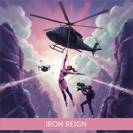 Epic black helicopter hovers over canyon in Iron Reign gymnastics floor music sky