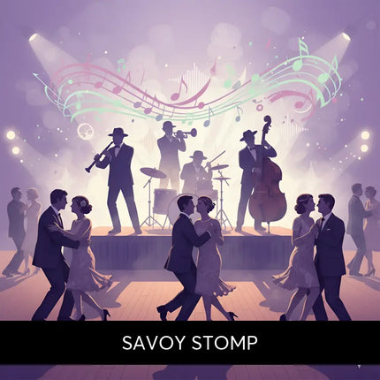 A stylized illustration of a jazz band with swirling notes on the savoy stomp swing gymnastics floor music cover