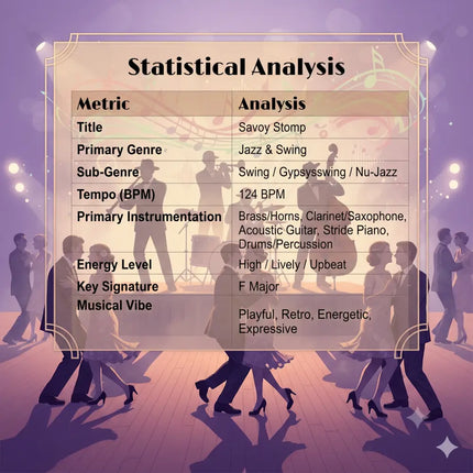 Statistical analysis chart for savoy stomp gymnastics floor music shows tempo, instrumentation, key, and swing vibe