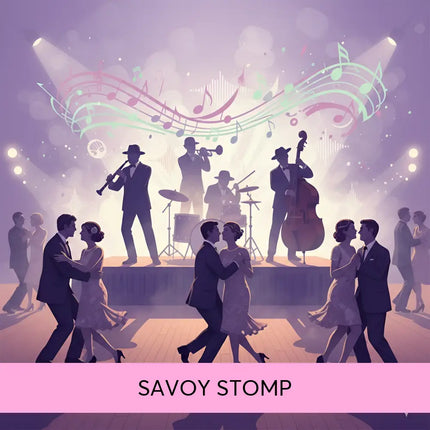 A stylized illustration of a jazz band with swirling notes on the savoy stomp swing gymnastics floor music cover