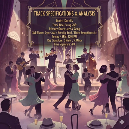 A vintage-style big band in 1930s attire plays brass and double bass for swing shift gymnastics floor music