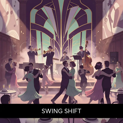 A vibrant art deco jazz club scene with couples dancing perfect for swing shift big band gymnastics floor music use