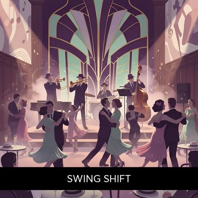 A vibrant art deco jazz club scene with couples dancing perfect for swing shift big band gymnastics floor music use