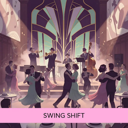 A vibrant art deco jazz club scene with couples dancing perfect for swing shift big band gymnastics floor music use