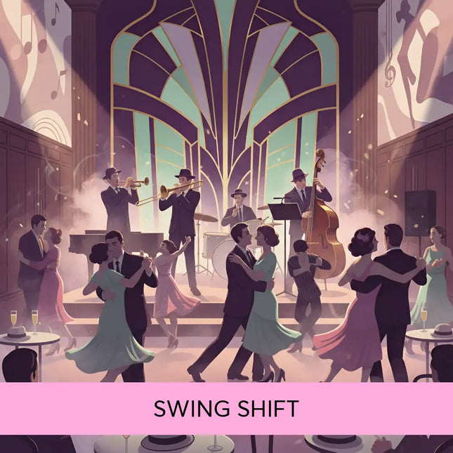 A vibrant art deco jazz club scene with couples dancing perfect for swing shift big band gymnastics floor music use
