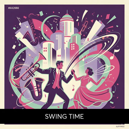 A vibrant illustration of a man and woman dancing in formal wear with city and musical instruments for gypsy swing jazz gymnastics floor music