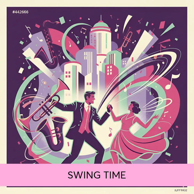 A vibrant illustration of a man and woman dancing in formal wear with city and musical instruments for gypsy swing jazz gymnastics floor music