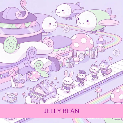 Cutesy style jelly bean gymnastics floor music with pastel purple and mint green cartoon airplane and smiling face