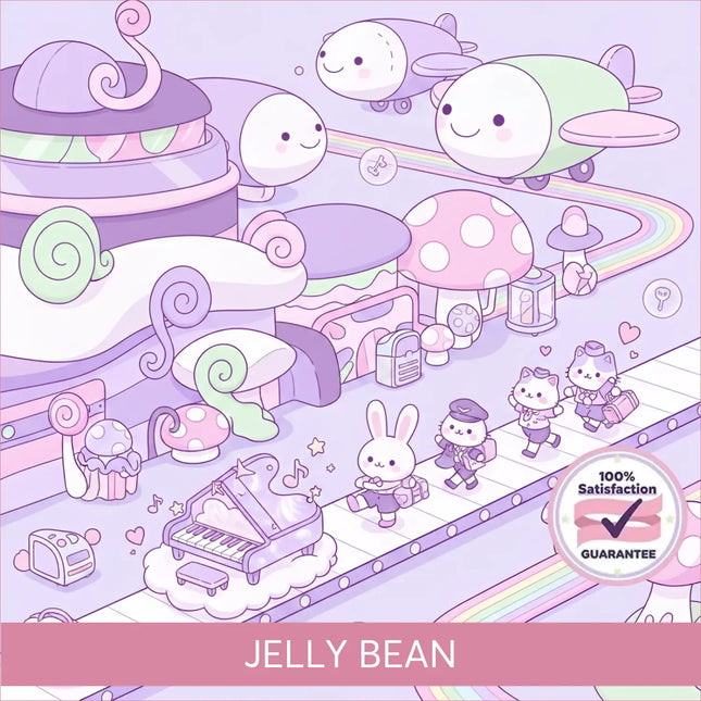 Cutesy style jelly bean gymnastics floor music with pastel purple and mint green cartoon airplane and smiling face