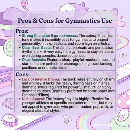 Purple and white cutesy style jelly bean gymnastics floor music pros and cons cartoon illustration
