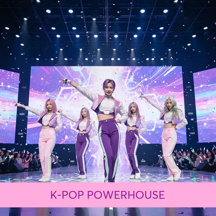 The k-pop girl group performs gymnastics floor music in matching cropped jackets and high-waisted pants with bold colors