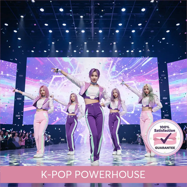 The k-pop girl group performs gymnastics floor music in matching cropped jackets and high-waisted pants with bold colors