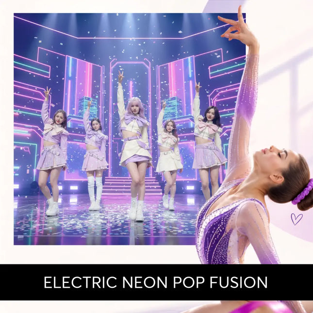 A gymnast wearing a shimmering purple and pink leotard with sparkles in a dynamic pose for k-pop gymnastics floor music