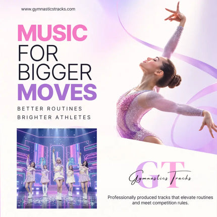 A sparkling lavender and silver leotard with long sleeves worn by a gymnast performing to electric neon k-pop gymnastics floor music