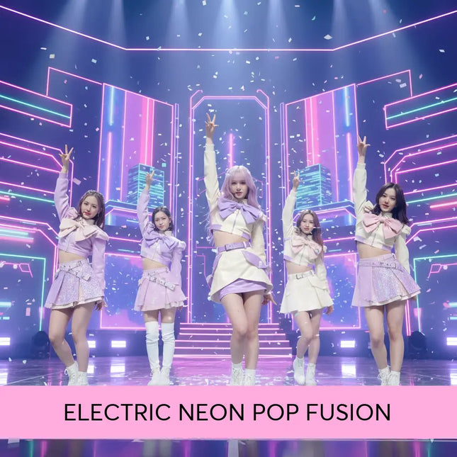 Five performers in lavender and cream outfits with glittery skirts and white boots for electric neon k-pop gymnastics floor