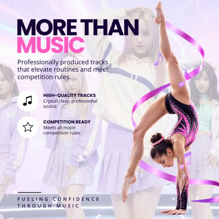 A gymnast in a sparkling black and pink leotard performs an elegant handstand with flowing ribbons for k-pop gymnastics floor music