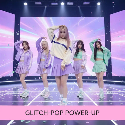 The central figure wears a cream cropped hoodie with navy blue stripes and purple skirt for k-pop gymnastics floor music
