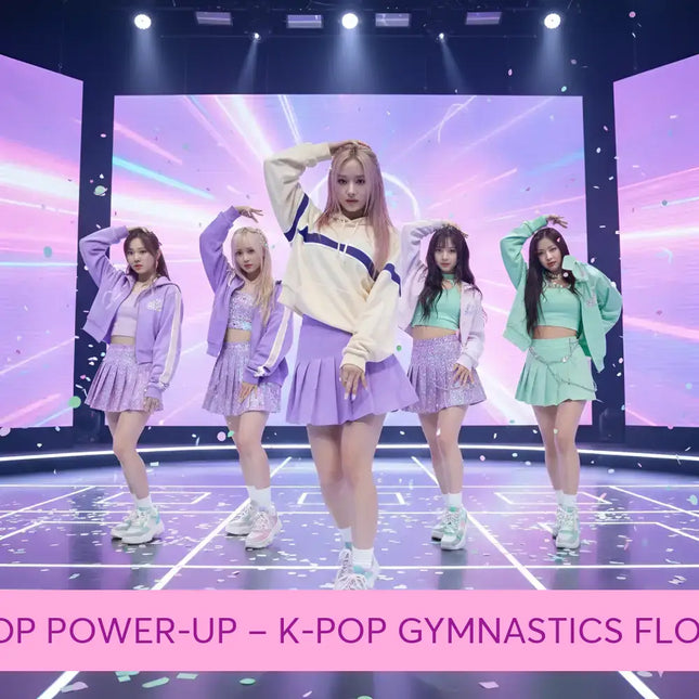 The central figure wears a cream cropped hoodie with navy blue stripes and purple skirt for k-pop gymnastics floor music