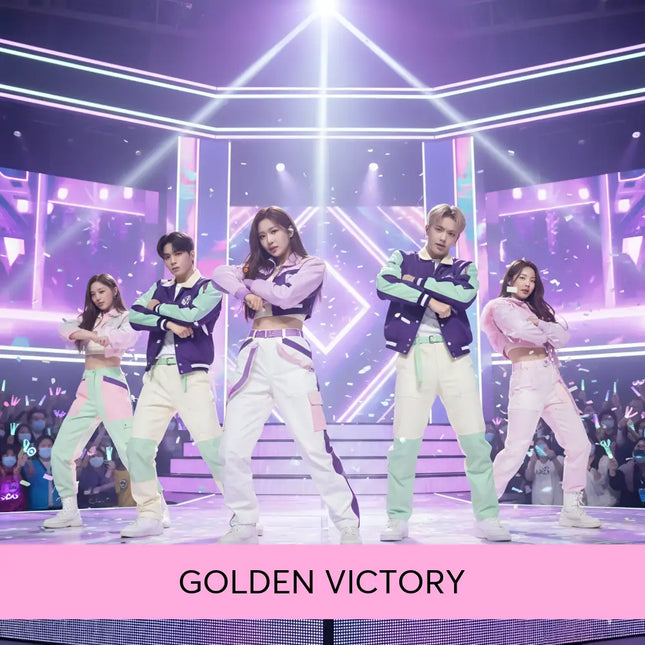 Performers wearing matching pastel sporty jackets and pants with bold geometric paneling for k-pop gymnastics floor music