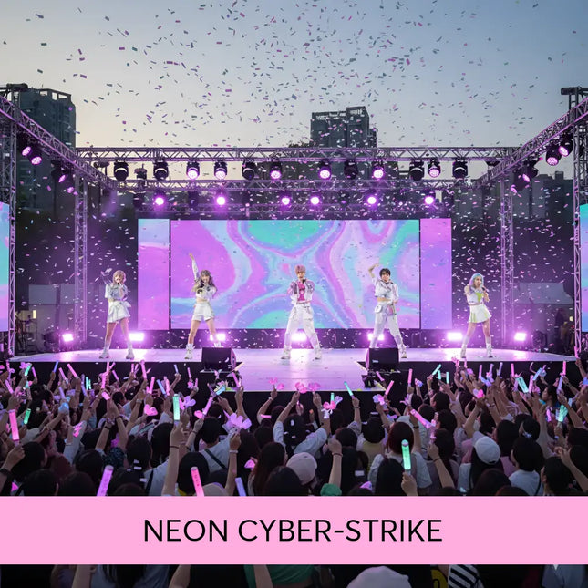 Five performers in white dance on a purple-lit stage with confetti to neon cyber strike gymnastics floor music