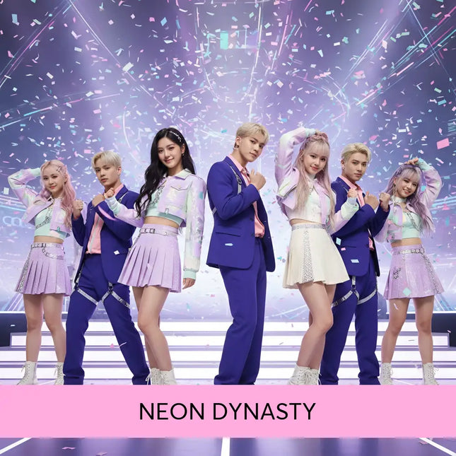 A group in iridescent pastel jackets and purple skirts posing for neon dynasty k-pop gymnastics floor music cover