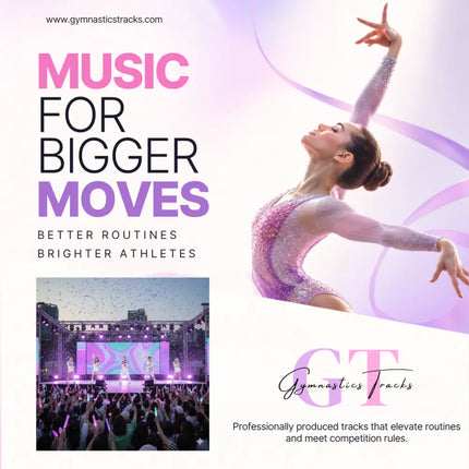 A gymnast in mid-performance wearing a sparkling pink and silver leotard for k-pop gymnastics floor music neon pulse