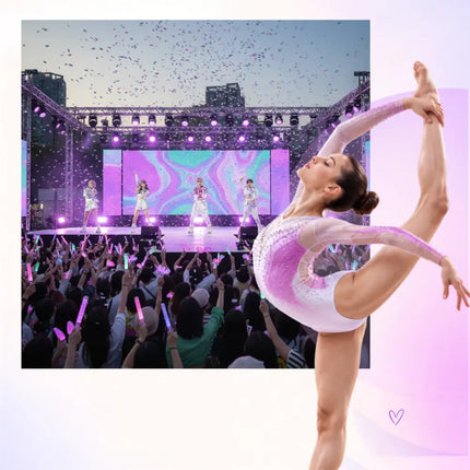 A shimmering pink and white leotard with a sleek design perfect for k-pop inspired gymnastics floor music routines