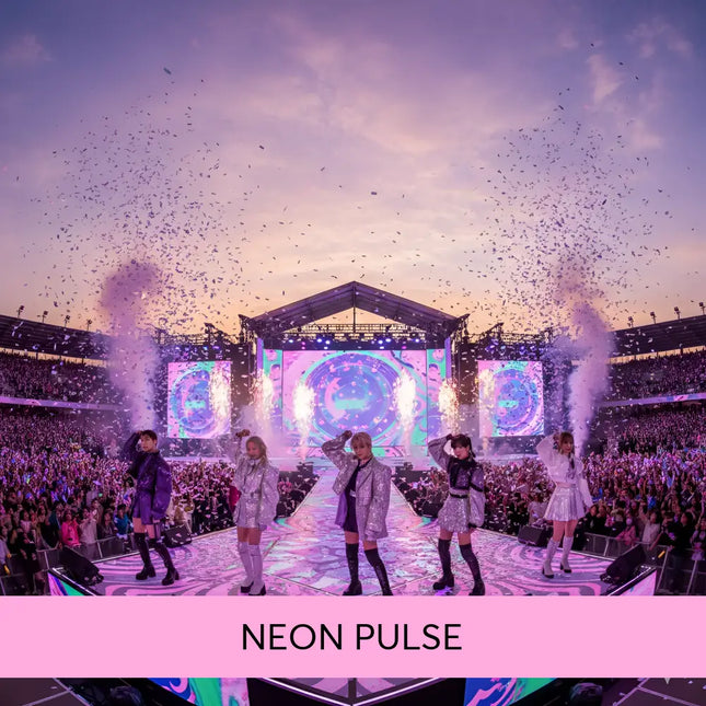 Five performers in silver and black outfits on a bright stage under purple sky with confetti for k-pop gymnastics floor music