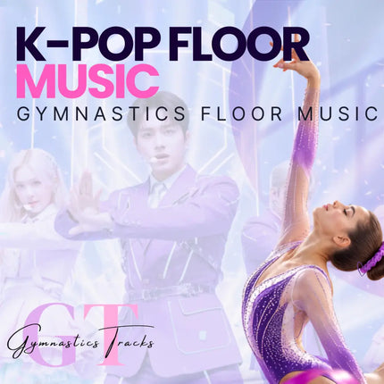 Purple sequined gymnastics leotard with sheer mesh and matching hair accessory for k-pop music gymnastics floor use