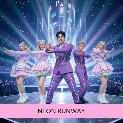 The neon runway k-pop gymnastics floor music features a central figure in a vibrant purple suit with geometric trim and black boots